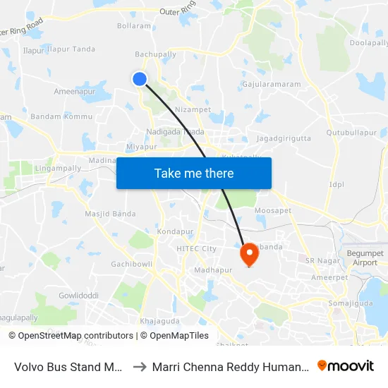 Volvo Bus Stand Mayuri Nagar Twd Miyapur to Marri Chenna Reddy Human Resources Development Institute map