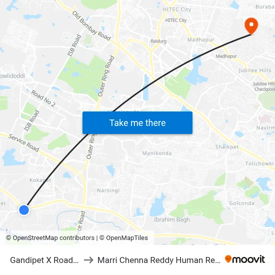 Gandipet X Road  Twd Shankarpally to Marri Chenna Reddy Human Resources Development Institute map