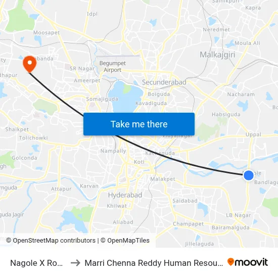 Nagole X Road Twd RGIA to Marri Chenna Reddy Human Resources Development Institute map