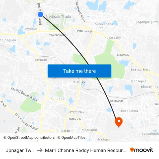 Jpnagar Twd Miyapur to Marri Chenna Reddy Human Resources Development Institute map