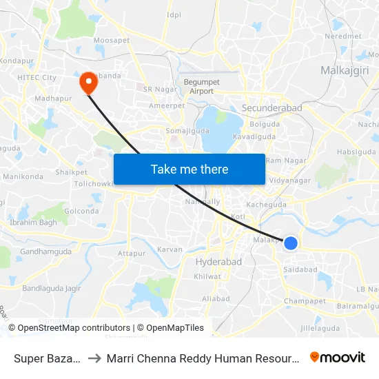 Super Bazar Twd Koti to Marri Chenna Reddy Human Resources Development Institute map