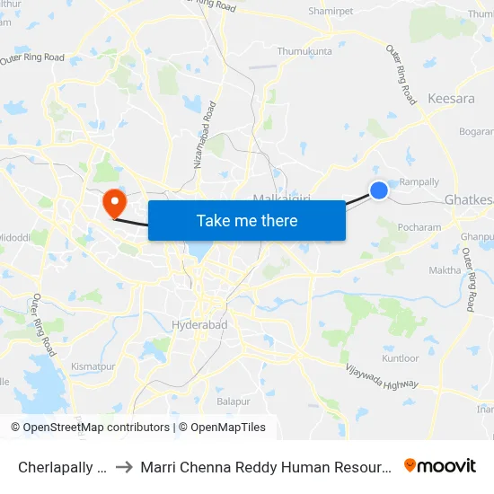Cherlapally Bus Stand to Marri Chenna Reddy Human Resources Development Institute map