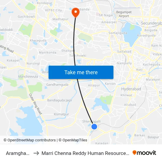 Aramghar X Road to Marri Chenna Reddy Human Resources Development Institute map