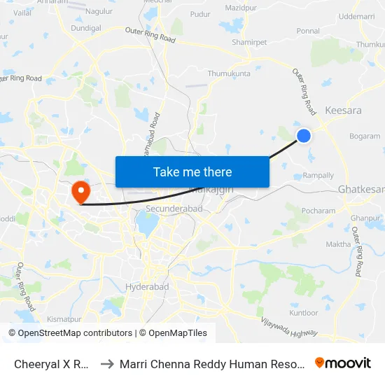Cheeryal X Road Twd ECIL to Marri Chenna Reddy Human Resources Development Institute map