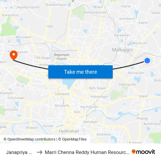 Janapriya Twd Uppal to Marri Chenna Reddy Human Resources Development Institute map