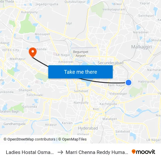 Ladies Hostal Osmaniya University Twd Tarnaka to Marri Chenna Reddy Human Resources Development Institute map