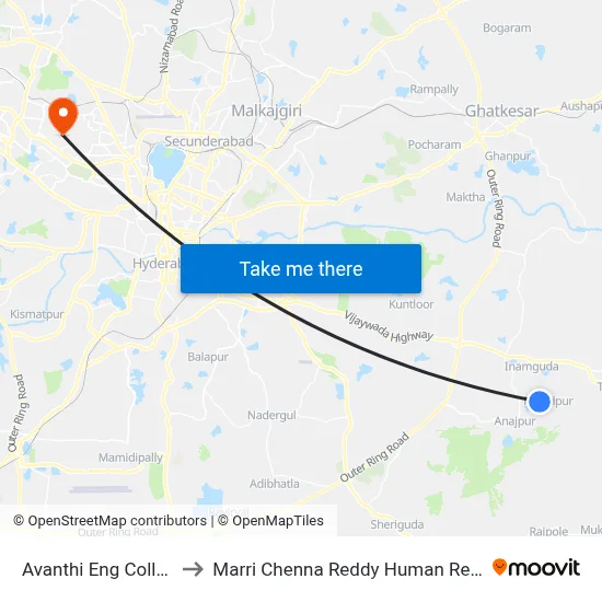 Avanthi Eng College Twd Majedpur to Marri Chenna Reddy Human Resources Development Institute map