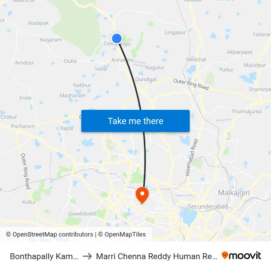 Bonthapally Kaman Twd Balanagar to Marri Chenna Reddy Human Resources Development Institute map