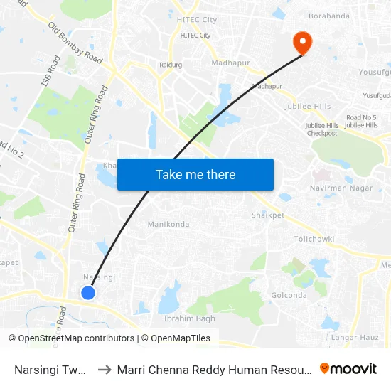 Narsingi Twd Tolichowki to Marri Chenna Reddy Human Resources Development Institute map