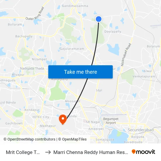 Mrit College Twd Apparel Park to Marri Chenna Reddy Human Resources Development Institute map