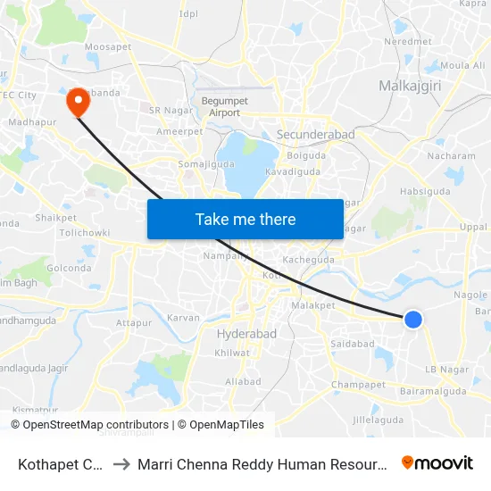 Kothapet Cross Road to Marri Chenna Reddy Human Resources Development Institute map