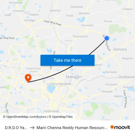 D.R.D.O Yadgarpally to Marri Chenna Reddy Human Resources Development Institute map