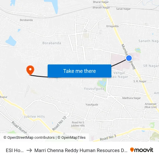 ESI Hospital to Marri Chenna Reddy Human Resources Development Institute map
