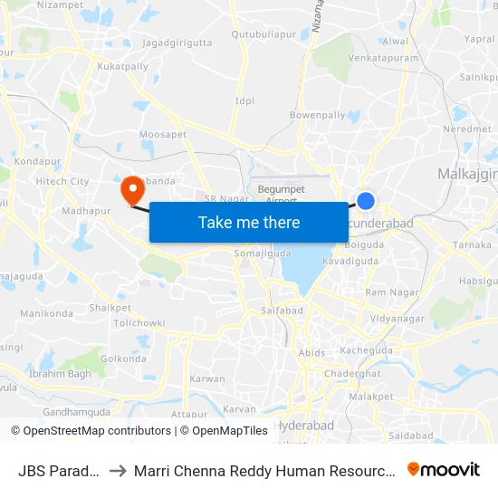 JBS Parade Ground to Marri Chenna Reddy Human Resources Development Institute map