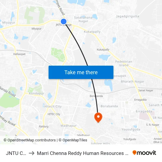 JNTU College to Marri Chenna Reddy Human Resources Development Institute map