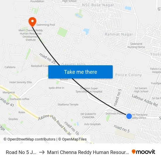 Road No 5 Jubilee Hills to Marri Chenna Reddy Human Resources Development Institute map