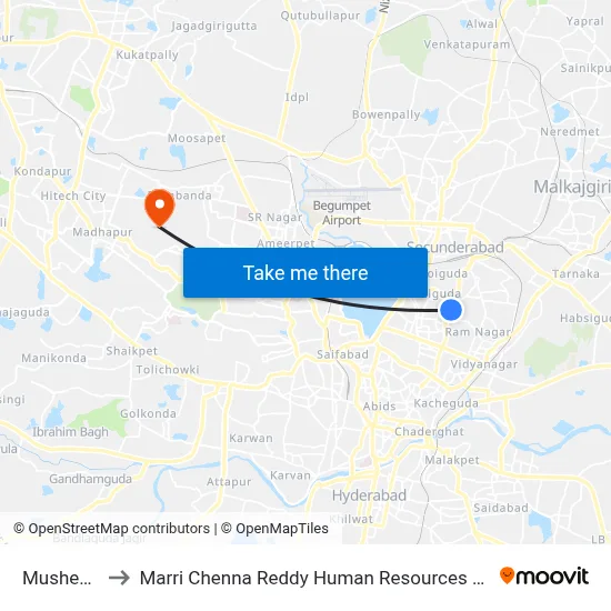 Musheerabad to Marri Chenna Reddy Human Resources Development Institute map
