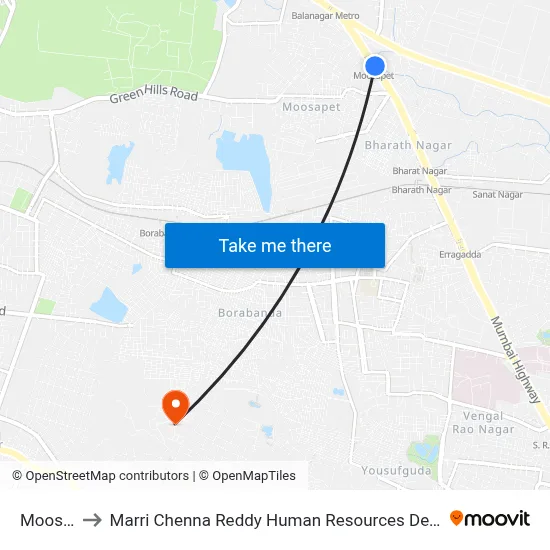 Moosapet to Marri Chenna Reddy Human Resources Development Institute map