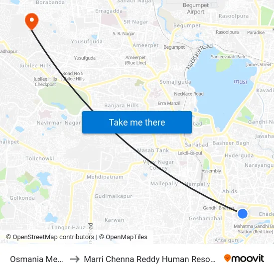 Osmania Medical College to Marri Chenna Reddy Human Resources Development Institute map