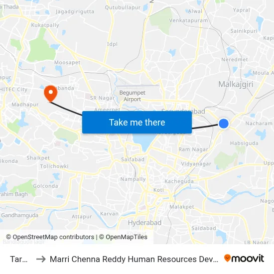 Tarnaka to Marri Chenna Reddy Human Resources Development Institute map