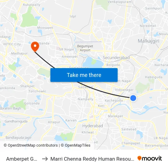 Amberpet Gandhi Statue to Marri Chenna Reddy Human Resources Development Institute map
