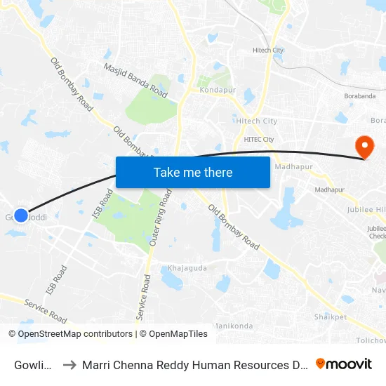 Gowlidoddy to Marri Chenna Reddy Human Resources Development Institute map