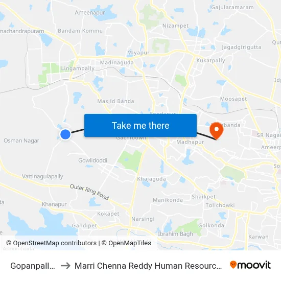 Gopanpally X Road to Marri Chenna Reddy Human Resources Development Institute map