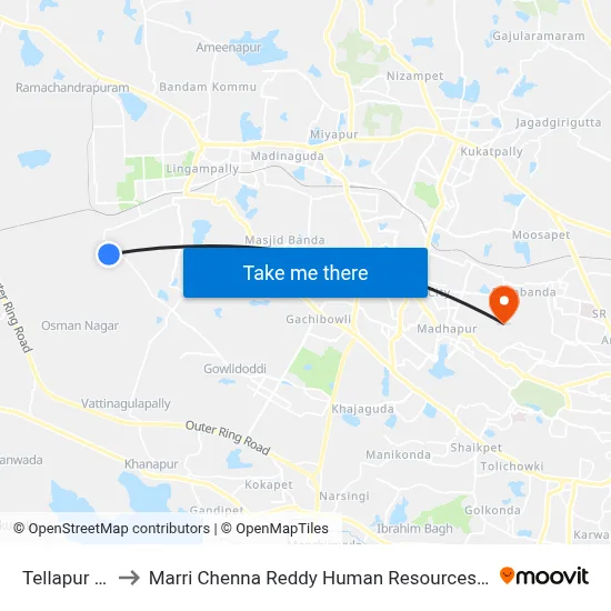 Tellapur X Road to Marri Chenna Reddy Human Resources Development Institute map