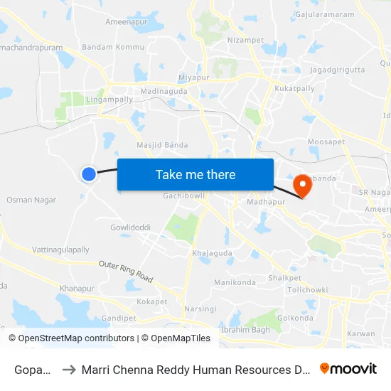 Gopanpally to Marri Chenna Reddy Human Resources Development Institute map