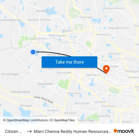 Citizen Hospital to Marri Chenna Reddy Human Resources Development Institute map