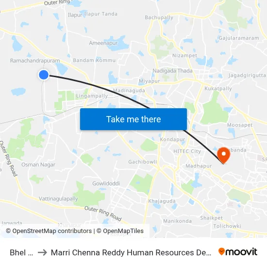 Bhel Halt to Marri Chenna Reddy Human Resources Development Institute map