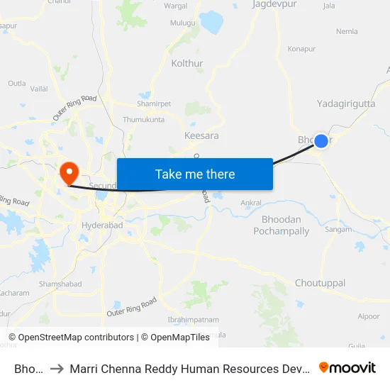 Bhongir to Marri Chenna Reddy Human Resources Development Institute map