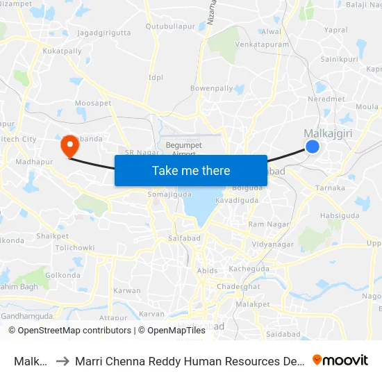 Malkajgiri to Marri Chenna Reddy Human Resources Development Institute map