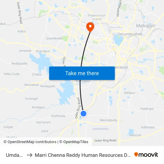 Umdanagar to Marri Chenna Reddy Human Resources Development Institute map