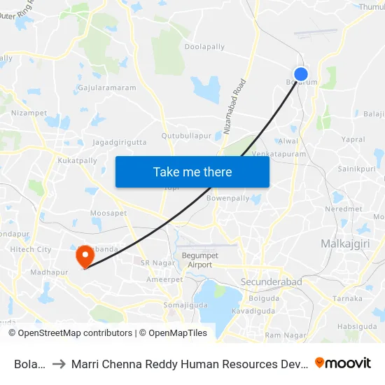 Bolarum to Marri Chenna Reddy Human Resources Development Institute map