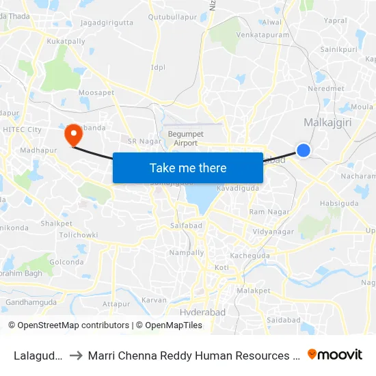 Lalaguda Gate to Marri Chenna Reddy Human Resources Development Institute map
