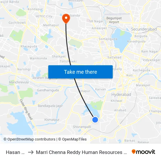 Hasan Nagar to Marri Chenna Reddy Human Resources Development Institute map