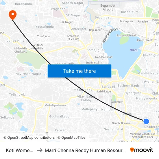 Koti Womens College to Marri Chenna Reddy Human Resources Development Institute map