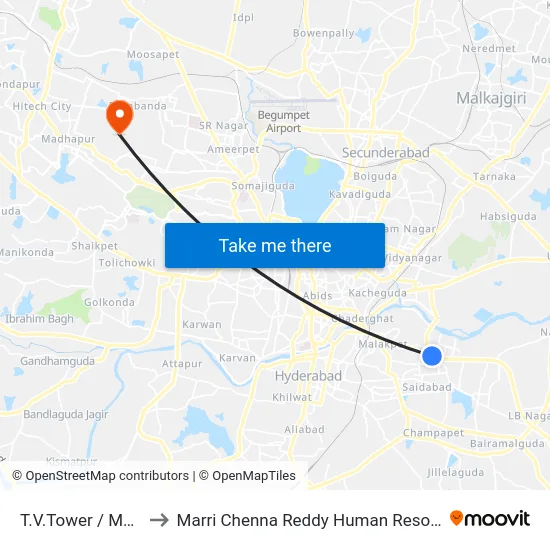 T.V.Tower / Moosaram Bagh to Marri Chenna Reddy Human Resources Development Institute map