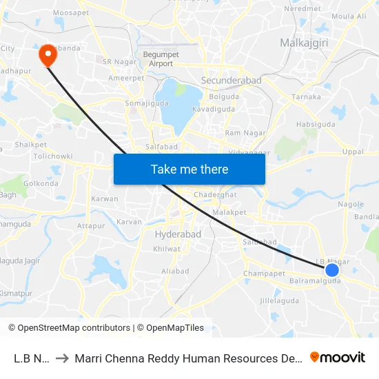 L.B Nagar to Marri Chenna Reddy Human Resources Development Institute map