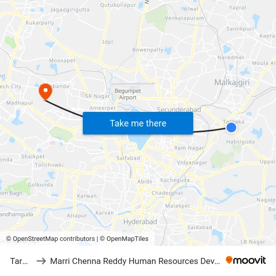 Tarnaka to Marri Chenna Reddy Human Resources Development Institute map