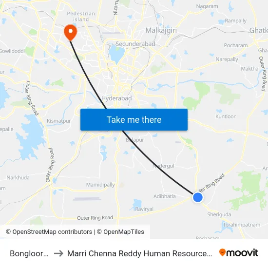 Bongloor X Road to Marri Chenna Reddy Human Resources Development Institute map