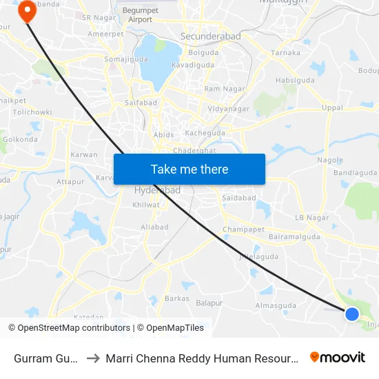 Gurram Guda X Road to Marri Chenna Reddy Human Resources Development Institute map