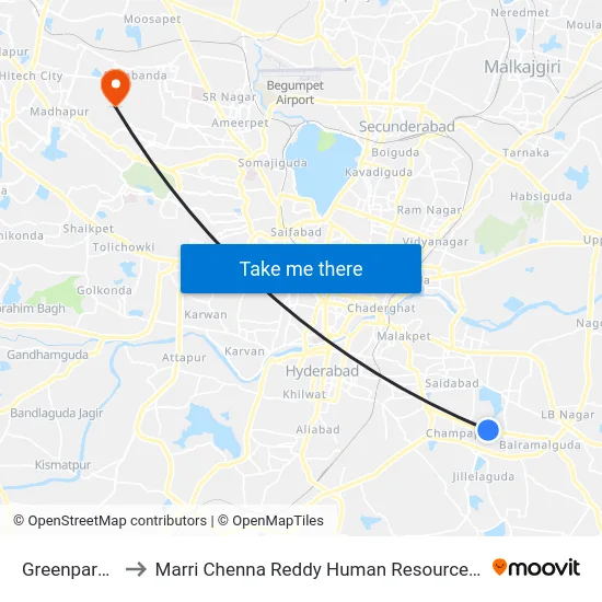 Greenpark Colony to Marri Chenna Reddy Human Resources Development Institute map