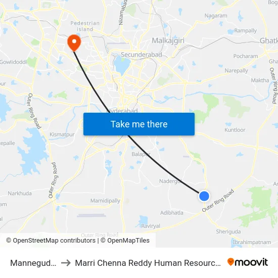 Manneguda X Road to Marri Chenna Reddy Human Resources Development Institute map