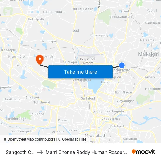 Sangeeth Cross Road to Marri Chenna Reddy Human Resources Development Institute map