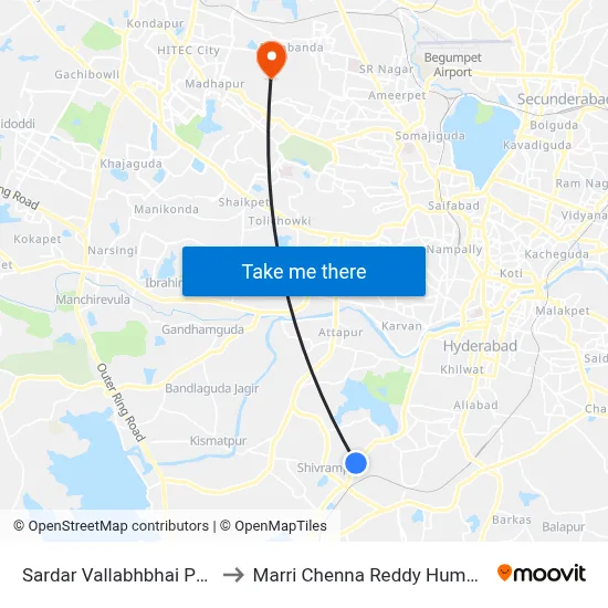 Sardar Vallabhbhai Patel National Police Academy to Marri Chenna Reddy Human Resources Development Institute map