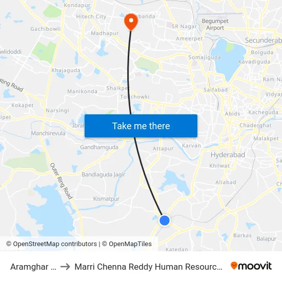 Aramghar X Roads to Marri Chenna Reddy Human Resources Development Institute map