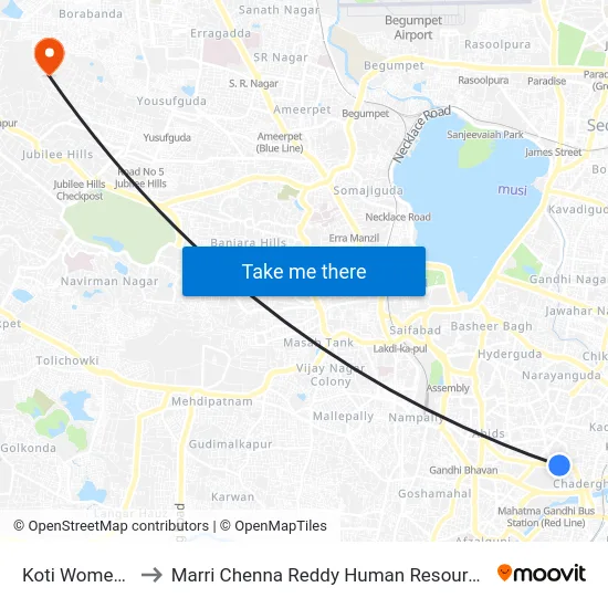 Koti Womens College to Marri Chenna Reddy Human Resources Development Institute map