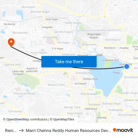 Ranigunj to Marri Chenna Reddy Human Resources Development Institute map